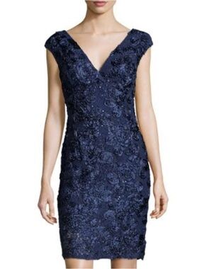 MARINA Navy Floral Appliqué V-Neck Midi Dress